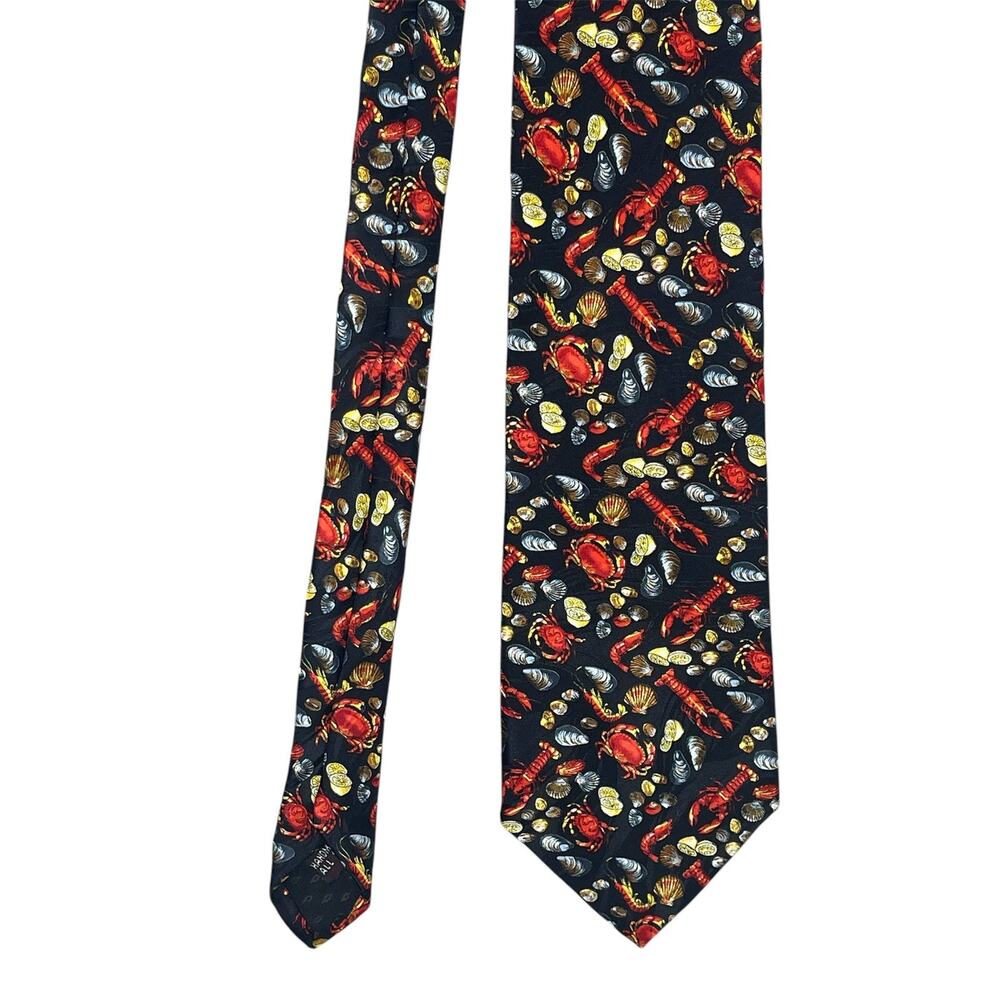 Vtg Museum Artifacts Silk Tie Maine Lobster Fisherman Nautical Coastal Kitsch